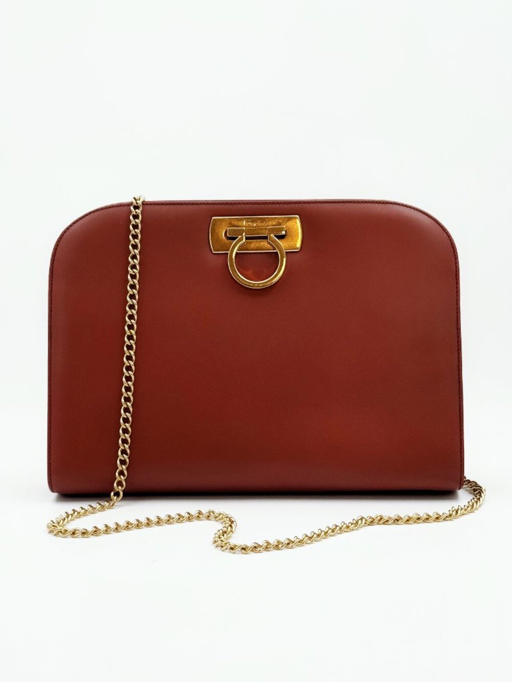 Ferragamo Gancini Brown Leather Chain Shoulder Crossbody Bag